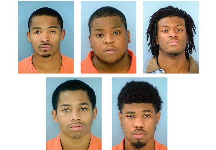 Burglary suspects (L-R, top) Brandon Wallace, Daevon Speller, Dante Stubbs; (botton, L-R) Terrance Coffil and Trevion Hinesman. Photos/Fayette County Jail.