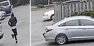 From video surveillance, Tyrone police have photos of the robber running from the auto parts store (L) and the robber in his getaway car that traveled south from Tyrone after the robbery. Photo/Ben Nelms.