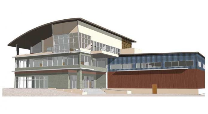 Graphic of planned headquarters building.