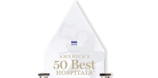 Photo of award trophy for being named among America’s 50 best hospitals.