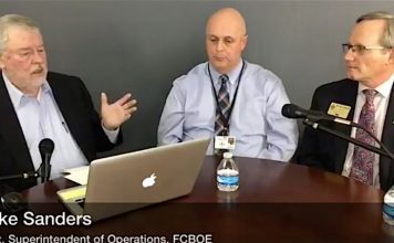 At right, Dr. Ted Lombard, Coordinator for Safety, Athletics and Discipline, and (center) Mike Sanders, Assistant Superintendent of Operations answer questions from publisher Cal Beverly about school safety issues during The Citizen Facebook Live telecast March 8.