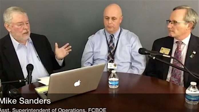 At right, Dr. Ted Lombard, Coordinator for Safety, Athletics and Discipline, and (center) Mike Sanders, Assistant Superintendent of Operations answer questions from publisher Cal Beverly about school safety issues during The Citizen Facebook Live telecast March 8.