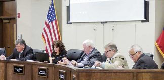 Members of the Peachtree City Council at the April 19 meeting included, from left, Councilman Mike King, Mayor Vanessa Fleisch and councilmen Terry Ernst, Kevin Madden and Phil Prebor. Photo/Ben Nelms.