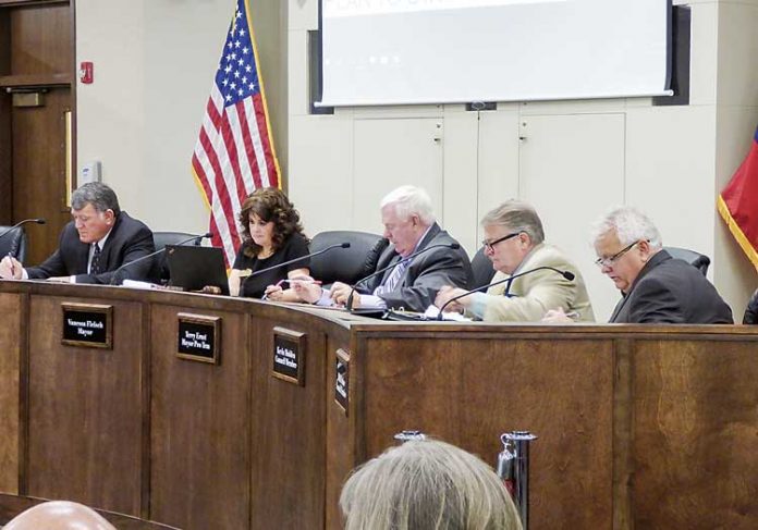 Members of the Peachtree City Council at the April 19 meeting included, from left, Councilman Mike King, Mayor Vanessa Fleisch and councilmen Terry Ernst, Kevin Madden and Phil Prebor. Photo/Ben Nelms.