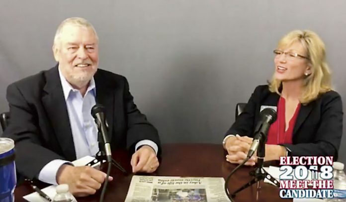 The Citizen Publisher Cal Beverly (L) interviews state senate candidate Tricia Stearns. Screenshot from Facebook Live video.