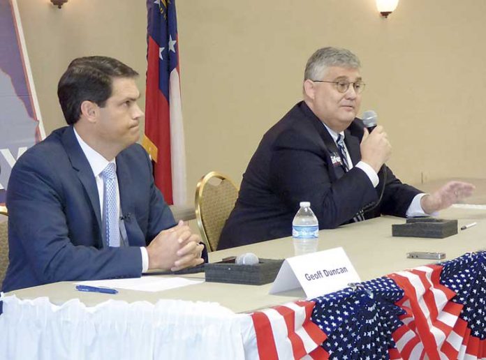 Georgia lieutenant governor candidates Geoff Duncan (L) and David Shafer answer questions at the Fayette forum. Photo/Ben Nelms.