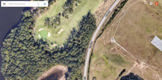 A 5.1-acre undeveloped peninsula, at left, adjacent to the Planterra golf course in Peachtree City and surrounded on three sides by Lake McIntosh is proposed for lakefront condominium development. Graphic/Google Maps.