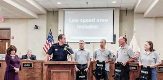 The Peachtree City Auxiliary Police Force recently presented officers with active shooter vests. Pictured, from left, at the presentation were Mayor Vanessa Fleisch, Lt. Brad Williams, auxiliary Capt. John McDonald, auxiliary officers Joe Radest and Fred Dunkelberger and auxiliary Lt. Arline Cuebas. Photo/Submitted.