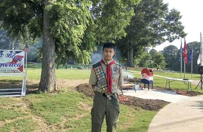 Marco Pagsisihan, a rising sophomore at Trinity Christian School in Sharpsburg, installed a flag retirement box and bench in Veterans Memorial Park in Tyrone as part of his Eagle Scout service project. Photo/Submitted.