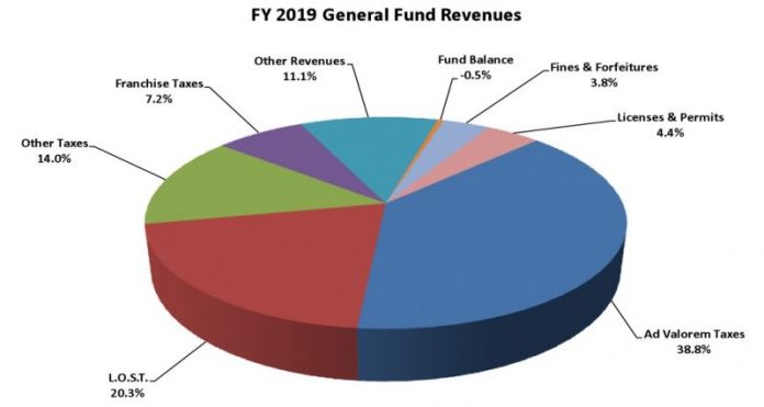 Graph of sources of Peachtree City revenues expected for Fiscal Year 2019. Source/Peachtree City.