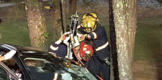 Members of the Fayette County Fire and Emergency Services Shift B on Oct. 15 extricated one person trapped and another person pinned in vehicles on Senoia Road, south of Dogwood Trail. Deputy Chief Tom Bartlett said both people were transported to a trauma center. Photo/Fayette County FES.