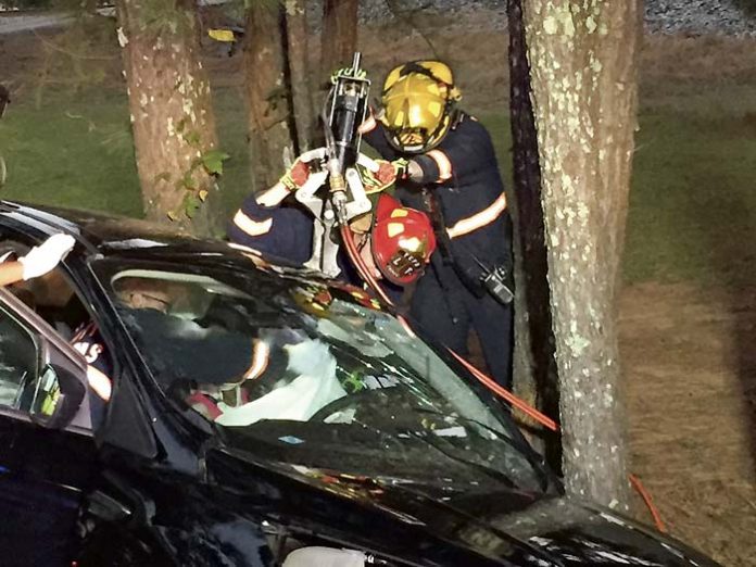 Members of the Fayette County Fire and Emergency Services Shift B on Oct. 15 extricated one person trapped and another person pinned in vehicles on Senoia Road, south of Dogwood Trail. Deputy Chief Tom Bartlett said both people were transported to a trauma center. Photo/Fayette County FES.