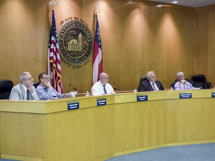 Members of the Fayette County Commission at the Nov. 8 meeting included, from left, commissioners Chuck Oddo and Steve Brown, Chairman Eric Maxwell and commissioners Randy Ognio and Charles Rousseau. Photo/Ben Nelms.