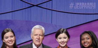 Maya Wright, far right, with her two opponents in the finals of the “Jeopardy!” Teen Tournament along with host Alex Trebek. Photo/Jeopardy.com.