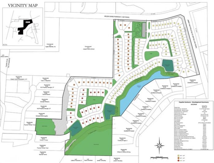 A concept plan by Fayette Ventures would establish a 145-home subdivision along the Ga. Highway 92 Connector on Fayetteville’s south side. Rendering/City of Fayetteville.