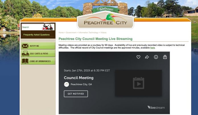 Peachtree City's website offers streaming video of its meetings, as does Fayette County. Photo/Peachtree City website.