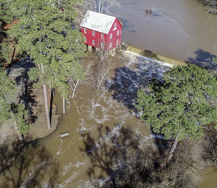 Whitewater Creek lives up to its name at Starr’s Mill — The recent, seemingly unending downpours left many areas of Fayette County with heavy runoff during late December and early January. One of those areas was Starr’s Mill adjacent to Ga. Highway 85 South. Local resident Bob Ross using a remote-controlled drone on Jan. 4 captured the scene above the old mill, a much-photographed Fayette County landmark. Photo/Bob Ross.