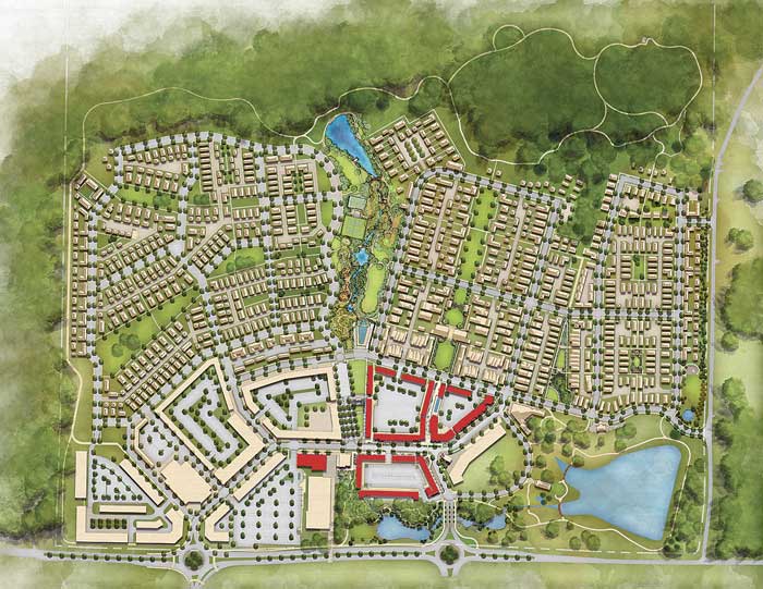 Ground has been broken on Phase 1 of the massive Pinewood Forest development on Veterans Parkway in Fayetteville. The areas outlined in red represent three, 4-story retail/apartment buildings near Veterans Parkway (at bottom) and an office building, in solid red, adjacent to the Piedmont Wellness Center now under construction. The large building nearest to Veterans Parkway will include Fayette County’s first parking deck situated in the interior area. Rendering/Pinewood Forest.