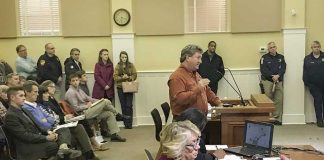 Developer Bob Rolader, at the podium, makes the case for a single-family subdivision proposal at Ga. Highway 92 in south Fayetteville. Photo/Ben Nelms.