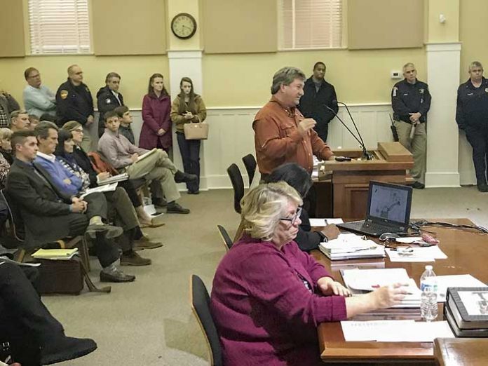 Developer Bob Rolader, at the podium, makes the case for a single-family subdivision proposal at Ga. Highway 92 in south Fayetteville. Photo/Ben Nelms.