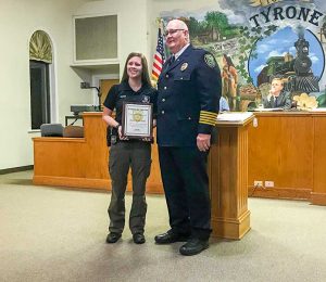 Tyrone Police Officer Cayla Banks on Jan. 17 was presented the Ga. Association of Chiefs of Police State Certification Manager award by Newnan Police Chief Buster Meadows for her leadership in having the department state certified. Photo/Submitted.