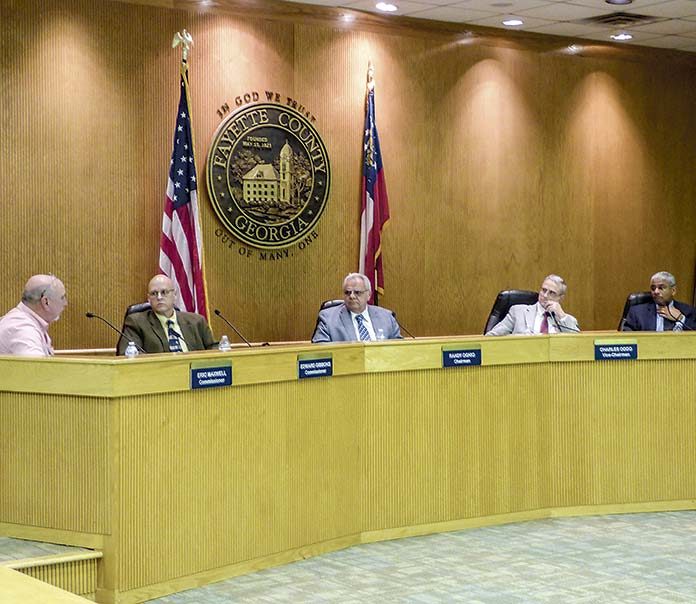 Fayette County commissioners at the Feb. 14 meeting included (L-R) commissioners Eric Maxwell and Edge Gibbons, Chairman Randy Ognio and commissioners Chuck Oddo and Charles Rousseau. Photo/Ben Nelms.