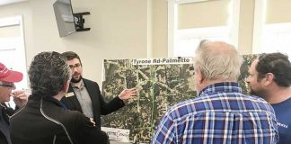 Residents hear an explanation of possible changes to a major corridor in the northwest part of Fayette during a March 18 public meeting to gain input on transportation improvements for the Sandy Creek Road, Tyrone Road-Palmetto Road, Banks Road and Ga. Highway 279 corridors. Photo/Ben Nelms.