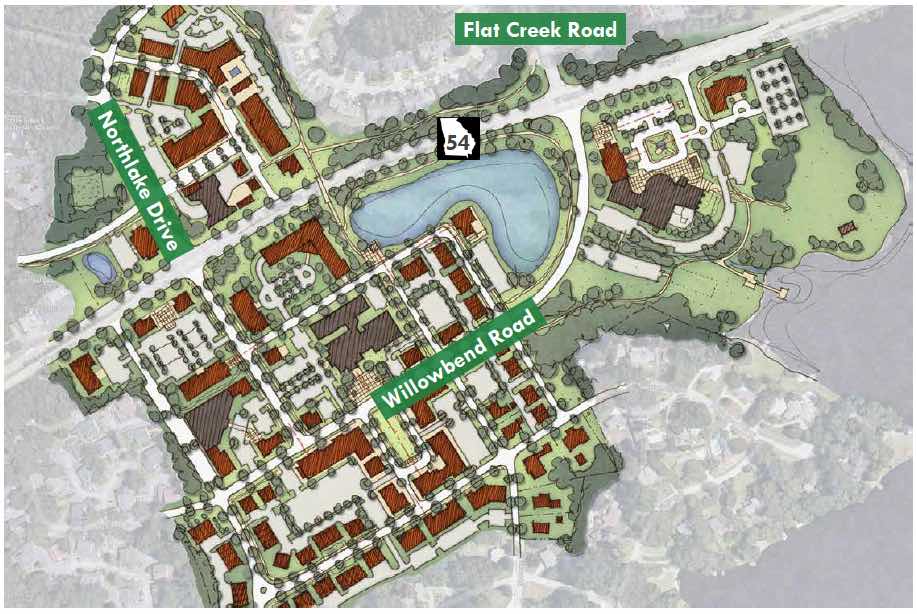 Planning map shows potential new city center from Drake Field and City Hall on the right, to the Willowbend Center at left, to the redeveloped Aberdeen Center at top left. The new version of Willowbend Road eliminates its western return curve, instead straightening out to join a grid of streets. Graphic/Peachtree City.