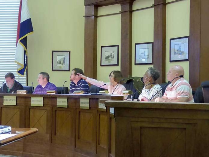 Members of the Fayetteville Planning and Zoning Commission at the March 26 meeting included, from left, commissioners Ken Collins, Toby Spencer and Brett Nolan, Chairman Sarah Murphy and commissioners Debi Renfroe and Joe Clark. Photo/Ben Nelms.