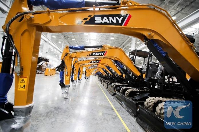 Excavators are seen at the plant of SANY America in Peachtree City, Georgia, the United States, March 29, 2019. photo/Xinhua/Wang Ying.