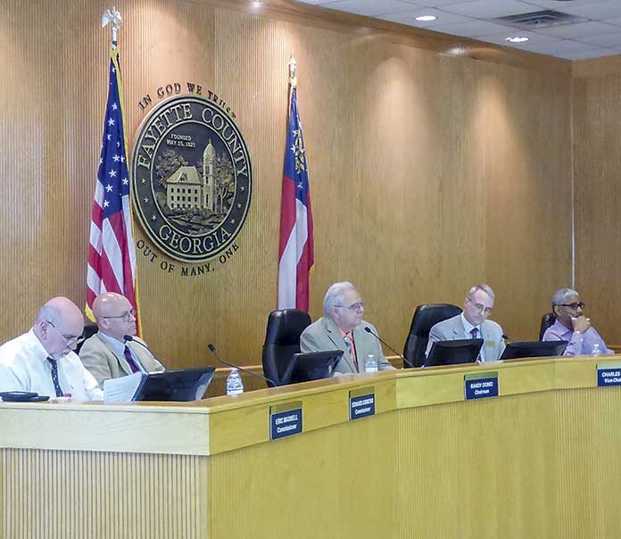 Members of the Fayette County Commission are, from left, commissioners Eric Maxwell and Edge Gibbons, Chairman Randy Ognio and commissioners Chuck Oddo and Charles Rousseau. Photo/Ben Nelms.