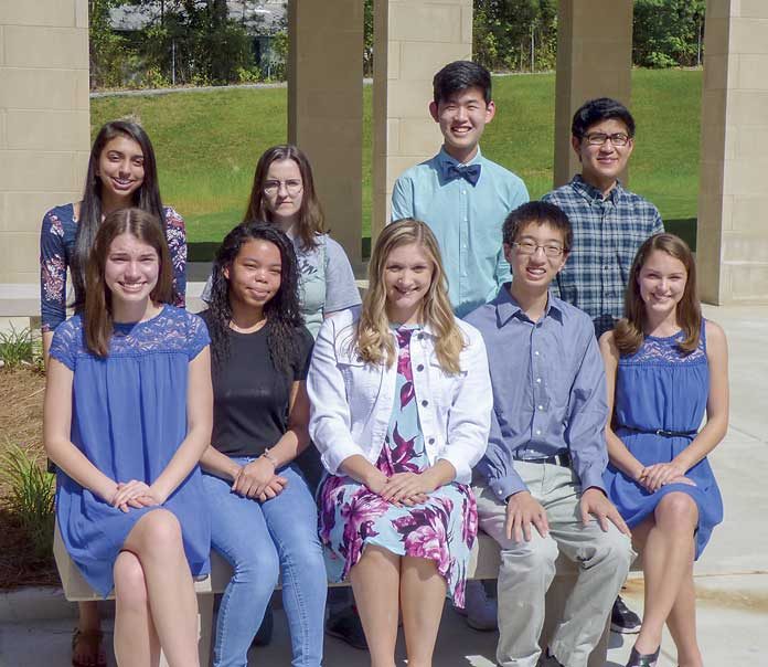 The 2019 Fayette County public school valedictorians are, seated from left, Grace Mallon, Whitewater High; Kayla Anderson, Fayette County High; Sarah Dorr, Starr’s Mill High; Mark Ni, McIntosh High; and Sarah Anne Sorme, Sandy Creek High. The 2019 Fayette County salutatorians, standing from left, are Khusbu Patel, Whitewater High; Blythe Terry, Starr’s Mill High; Samuel Liu, McIntosh High; and Ariz Jebien Simon Sayson, Sandy Creek High. Not pictured is Fayette County High Salutatorian Erick Benitez-Ramos. Photo/Ben Nelms.