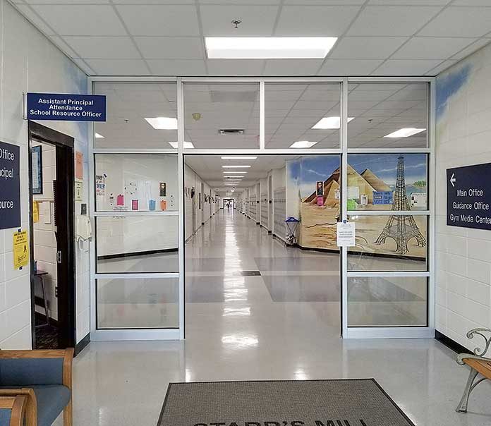 Starr’s Mill High School has a new entrance vestibule for more security. This vestibule is part of the new heightened secuity measures taken by the Fayette County School System. Another new item is the visitor management system, which will require a sign-in and a “quick background check” at all schools. Photo/Fayette County School System.