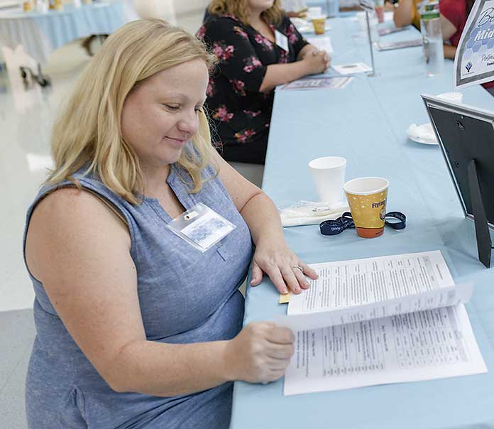 <b>Bennett’s Mill Middle teacher Heather Dixon takes a moment to look over the schedule for the next four days of New Teacher Induction. Photo/Fayette County School System.</b>