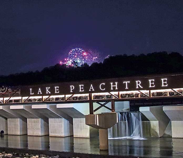 Fireworks across Lake Peachtree on July 4, 2019.