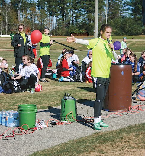 Kelley O’Hara, fresh off her U.S. Women’s Soccer team’s win in the World Cup, hosted a one-day camp for kids Nov. 23, 2015 at the Peachtree City Athletic Complex. The former Starr’s Mill standout was very active, according to parents of some of the participants, interacting and showing various soccer techniques to the campers. She gave every participant a “swag bag” with an Under Armour ball and shirt plus sunscreen and chocolate milk. Every camper got the chance to chat with her and get an autograph or a photo.