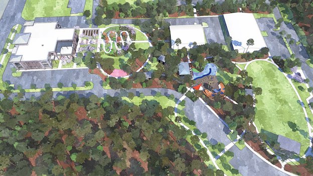 <b>A rendering of the 10-acre site which will be the new home of Fayetteville City Hall and City Center Park shows City Hall fronting Stonewall Avenue at left. The bulk of the acreage will include a wealth of park amenities. Rendering/City of Fayetteville.</b>