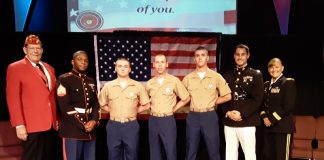 Participating in a local U.S. Marine Corps boot camp graduation after ceremonies on Paris Island were cancelled due to Hurricane Dorian were, from left, Guy Mitchell (USMC), Sergeant Quayshaun Spence (USMC), Pvt. Clay Fordham, Pvt. Aaron Hornbuckle, PFC David Wilkins, PFC Riley Walsh (not pictured), Captain Sabia (USMC) and Brigadier General Nikki Griffin-Olive (US Army). Photo/Submitted.