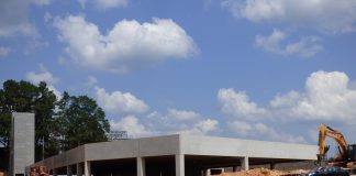 Recognize this structure? It’s the parking deck which will be situated inside the outline of one of the three commercial and residential buildings in the Town Center portion of Pinewood Forest in Fayetteville. Photo/Ben Nelms.