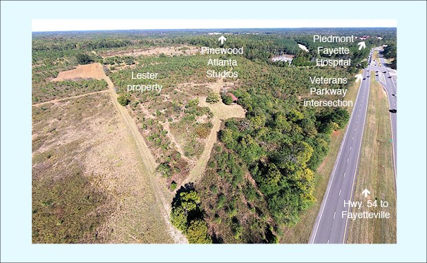 Aerial view of 123 acre site known as the Lester property. This drone view looks northeast across the open pasture part of the site. Photo/Fayette County Development Authority.