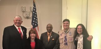 Fayette County resident Matthew Hyle has been named Georgia American Legion “Eagle Scout of the Year.” Pictured from the left are Ray Willcocks, Post 105 member and Dept. of Georgia Scouting Chairman, Patsy Leander, Auxiliary Unit 105 member, Eddie Asbury, Dept of Georgia Commander, Matthew Hyle, and Dr. Susan Northrup, Hyle's mother and member of Post 105. Photo/Submitted.