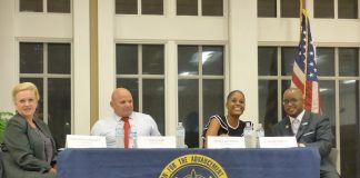 Candidates at the Oct. 7 forum for the Post 2 seat on the Fayetteville City Council included, from left, incumbent Kathaleen Brewer, Joe Clark, Oyin Mitchell and Kevin Pratt. Photo/Ben Nelms.