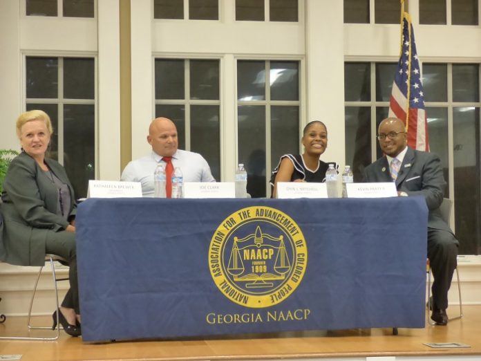 Candidates at the Oct. 7 forum for the Post 2 seat on the Fayetteville City Council included, from left, incumbent Kathaleen Brewer, Joe Clark, Oyin Mitchell and Kevin Pratt. Photo/Ben Nelms.