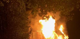 An early morning blaze on Oct. 27 at a Sutton's Cove residence in Peachtree City came with no injuries, though the home is expected to be a total loss. Photo/Peachtree City Fire Department.