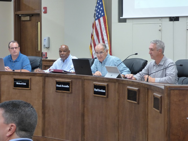 Recommending a mixed-use proposal off Petrol Point on Oct. 21 were, from left, Peachtree City Planning commissioners Scott Ritenour, Michael Link, Chairman Frank Destadio and Paul Gresham. Photo/Ben Nelms.