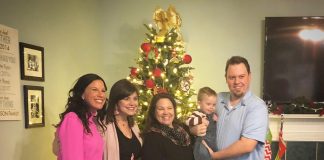 Atlanta nonprofit Join the Flock, Inc. on Dec. 21 presented a Newnan couple with a helping hand. Pictured, from left, are Join the Flock board members Dayna McJenkin and Katie Walton, Beth Johnson, 2-year-old Everett Johnson and Ryan Johnson. Photo/Submitted.