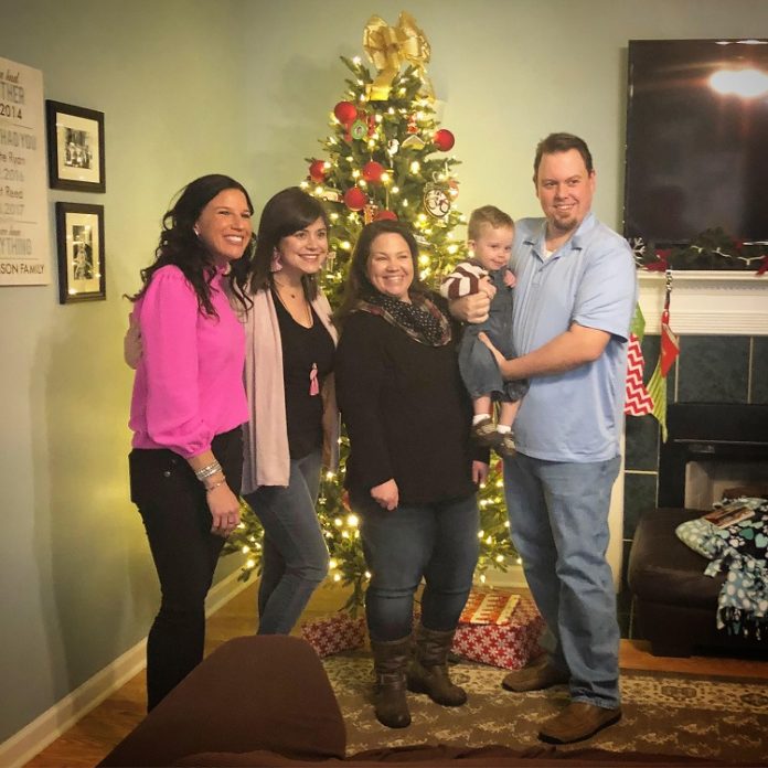 Atlanta nonprofit Join the Flock, Inc. on Dec. 21 presented a Newnan couple with a helping hand. Pictured, from left, are Join the Flock board members Dayna McJenkin and Katie Walton, Beth Johnson, 2-year-old Everett Johnson and Ryan Johnson. Photo/Submitted.