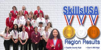 Hannah Ramirez of Starr’s Mill High displays her silver medal she won at the SkillsUSA Region 5 Competition. She is one of nine students advancing to the state competition in March. Also in graphic: Sandy Creek High SkillsUSA winners show off their medals. Graphic/Fayette County School System.