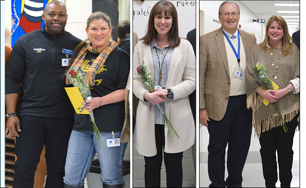 In composite photo above are (L-R) Bennett’s Mill Middle School principal Dr. Marcus Broadhead and Bennett’s Mill Middle School drama teacher Laurie Givden-Kufchak; (center) Flat Rock Middle School ESOL teacher Christina Rufenchact; and Superintendent Dr. Joseph Barrow with Fayette County High math teacher Jennifer D’Amato. Photos/Fayette County School System.