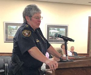 <b>Peachtree City Police Chief Janet Moon speaks to the City Council Feb. 6 Photo/Cal Beverly.</b>